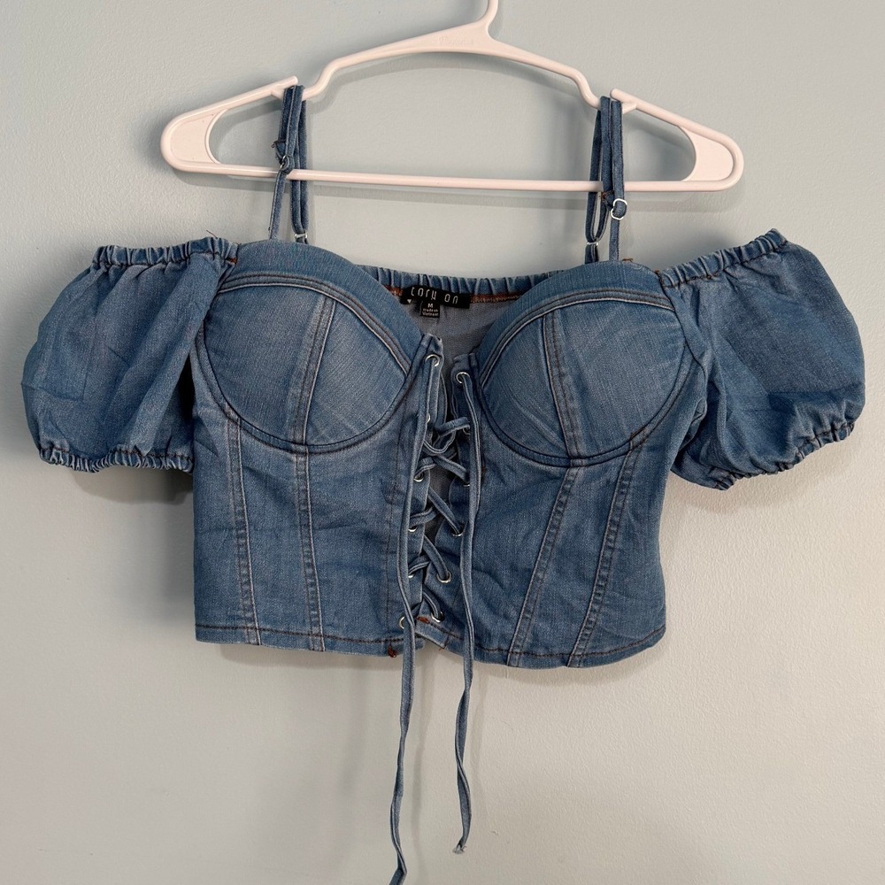 Story On Size M Denim Corset Top Blue Lace Up Off Shoulder Puff Sleeve 1076